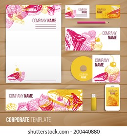 Corporate identity business set design. Abstract background with vintage party pastry, cakes and sweets. Vector illustration.