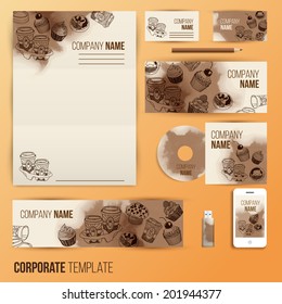 Corporate identity business set design. Abstract background with vintage party pastry, cakes and sweets. Vector illustration.