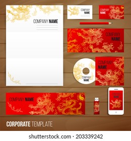 Corporate identity business set design with asia dragons. Abstract background. Vector illustration.Hand drawn illustration. Sketch.