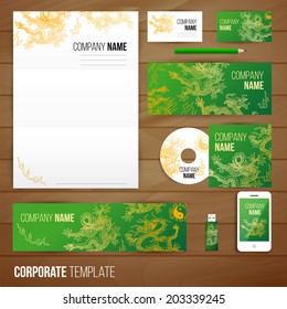 Corporate identity business set design with asia dragons. Abstract background. Vector illustration.Hand drawn illustration. Sketch.