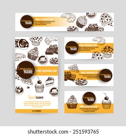 Corporate identity business set design with sweets and cakes. Abstract background. Vector illustration.Hand drawn illustration. Sketch.