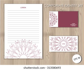Corporate identity business set design. Abstract tracery background. Vector illustration. decorative wine-colored ornament.