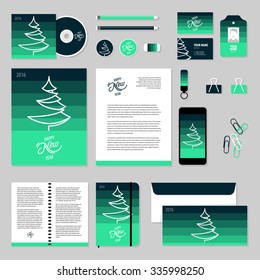 Corporate identity business set design. Vector stationery template design with christmas tree, 2016, new year elements. Documentation for business.