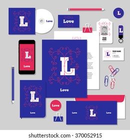 Corporate identity business set design. Vector stationery template design with valentines day elements, love, 14 february. Documentation for business.