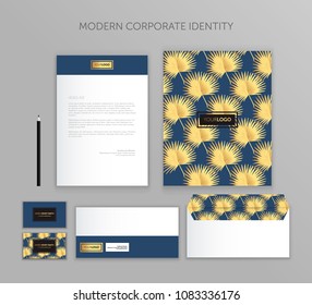 Corporate identity business set. Modern stationery template design. Documentation for business gold tropic leaf