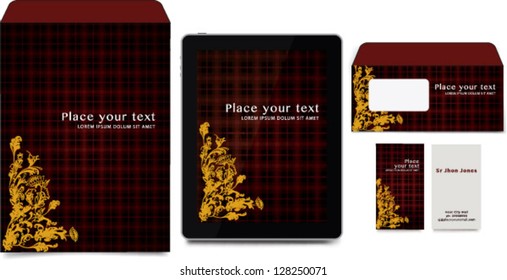 Corporate identity business set. Vector illustration. Scottish texture, and classic arabesque