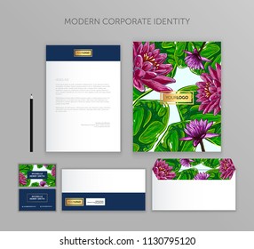 Corporate identity business set with water lily. Modern stationery template design. Documentation for business.