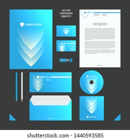 Corporate Identity business template. Blue and white corporate style set with shield and arrow elements for background.