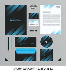 Corporate Identity business template. Company style set in black tones with blue transparent gradient in the lines.