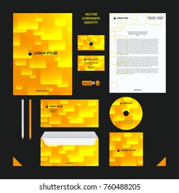 Corporate Identity business template. Company style set in yellow tones with transparent tiles pattern.