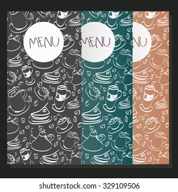 corporate identity for cafe, coffee menu, black, green, brown background, tea coffee and cake