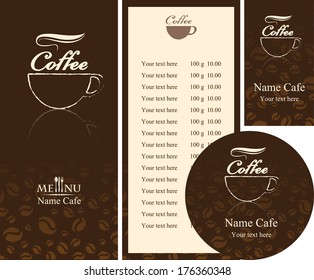 corporate identity for the cafe menu, business cards and coasters