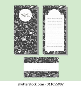 Corporate identity for Cafe menu set  template, black background coffee and cake sketch