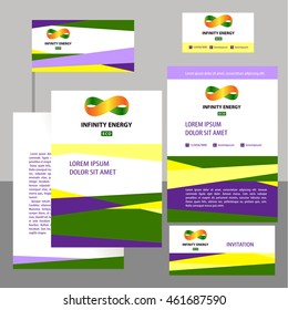 Corporate identity card with infinity efficiency green eco vector logo. Color illustration and design template for symbol logotype of energy 