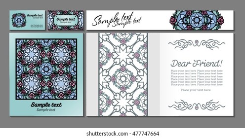 Corporate identity, cards, business cards set. Mint green background with light pink roses and curls. Card with seamless abstract flowers pattern on mint background, borders with hearts.