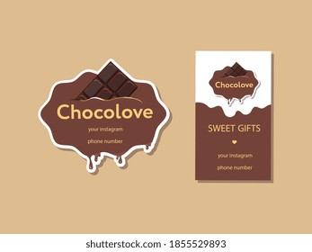 Corporate Identity For Chocolate And Sweets. Sticker And Business Card In The Same Style. Chocolate Bar. Vector Illustration.