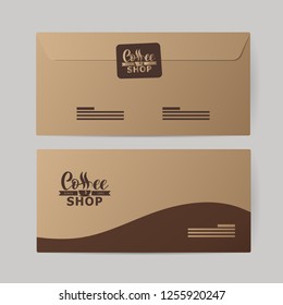 Corporate identity of coffee industry. Realistic branding mock up template, lettering logo. Template of paper envelopes, blank. Mockup envelopes for coffee shop, cafe, restaurant. Vector illustration.