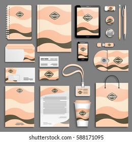 Corporate identity coffee, sand, ethnic, wave template set. Business stationery mock-up with logo. Branding design. Colorful geometric background.