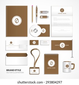 Corporate identity for coffee shop. Signature style in brown tones for coffee. Set of corporate identity for coffee.