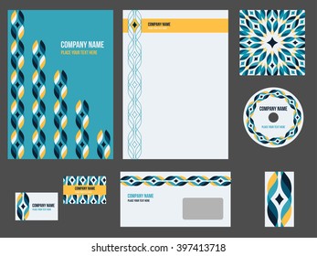 Corporate identity for company or event. Vector template for business stationery set. Vector illustration in teal and yellow colors with geometric patterns.