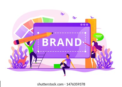 Corporate identity, company logo, name creating. Designers and marketers teamwork. Brand identity, business card, social media advertisement concept. Vector isolated concept creative illustration