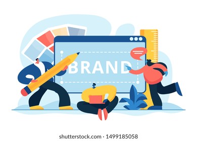 Corporate identity, company logo, name creating. Designers and marketers teamwork. Brand identity, business card, social media advertisement concept. Vector isolated concept creative illustration