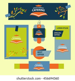 Corporate identity with conceptual tablecloth on table for catering premium bar, restaurant, cafe menu on white  background. Vector logo for special service company. 