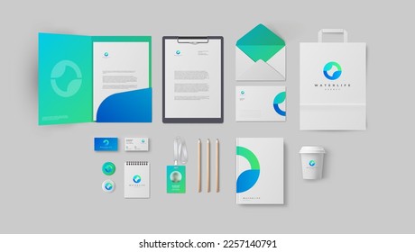 Diseño de identidad corporativa en colores azul y verde para agencias modernas o clínicas de salud. Estilo puro de marca luminosa con tarjetas de visita y carpeta, sobre y formulario A4. Conjunto de plantillas vectoriales realistas.