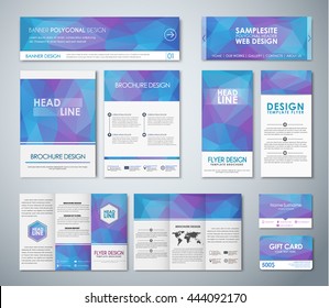 Corporate identity design with blue polygonal background for the company. Gift card templates, flyers, banners, folding brochures and business cards. Vector Set Mockup