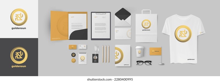 Corporate identity design with golden circle logo and yellow background. Set of stationery elements for branding modern company.