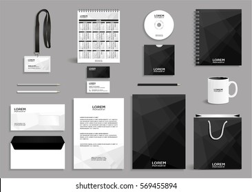 Modelo de diseño de identidad corporativa con fondo poligonal gris - negro abstracto, eps10