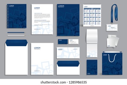 Corporate identity design template with abstract blue squares pattern