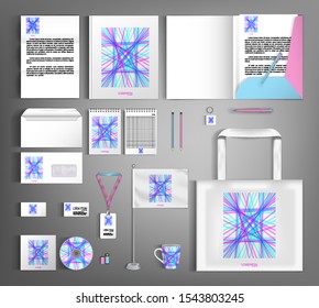 Corporate identity design template with abstract composition of blue and pink lines. Vector Set