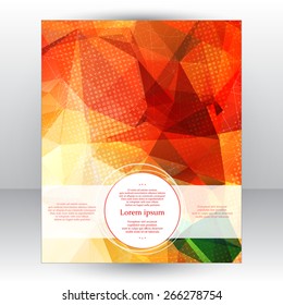 Corporate identity design template with abstract geometric background with shining red, yellow and green transparent triangles.