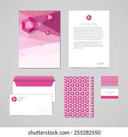 Corporate identity design template. Documentation for business (folder, letterhead, envelope, notebook and business card). Geometric pink-purple abstract design. Perfect for your business.