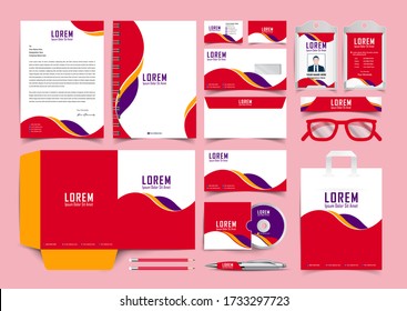 Corporate Identity Design Template. Red, Yellow and Purple Stationery Set of Envelope, Letterhead, Business Card, Folder, Notebook, Paper bag, cd and dvd for Business Office Stationery Mockup Template