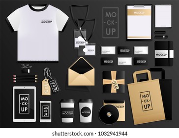 Corporate identity design template set. Mock-up package, tablet, phone, price tag, cup, notebook. Vector concept