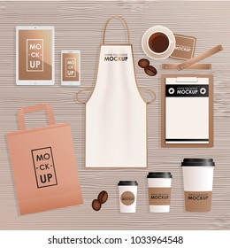 Corporate identity design template set for coffee shop or house. Mock-up package, tablet, phone, price tag, cup, notebook. Vector realistic concept