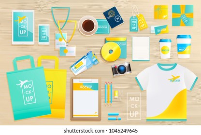 Corporate identity design template set for tourist agency. Mock-up package, tablet, phone, price tag, cup, notebook. Vector concept for travel