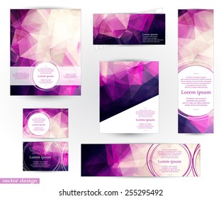 Corporate identity design templates with abstract geometric background with romantic pink, purple and violet transparent triangles. Fully editable, you can transform and place the pattern as you like.