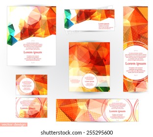 Corporate identity design templates with abstract geometric background with shining red, yellow and green transparent triangles. Fully editable, you can transform and place the pattern as you like.