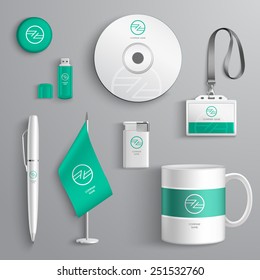 Corporate Identity Emerald Design Stationery Collection Set Isolated Vector Illustration