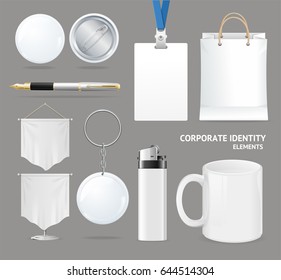 Corporate Identity Empty Blank White Set Cup, Lighter and Flag Symbol Promotion Advertising . Vector illustration