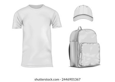 Corporativa conjunto de prendas de identidad. Maqueta de Vector realista. Camiseta blanca en blanco, gorra de béisbol, mochila mochila de maqueta. Plantilla de diseño