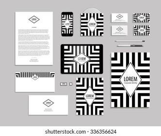 Corporate identity geometric strips pattern, template, mock up, black and white. Brand and logotype, identity for business.