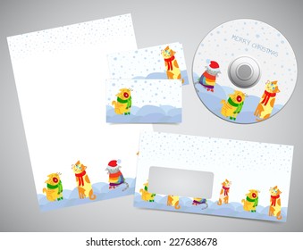 Corporate identity or gift set - Christmas design print templates with letter paper page, business cards, envelope and CD or DVD disc mock-up