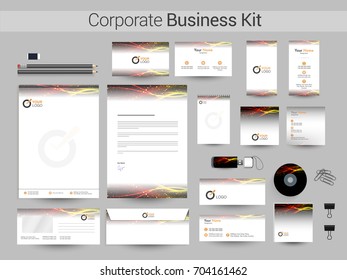 Corporate Identity with glowing abstract waves. Business branding design including Letter Head, Web Banner or Header, Notepad, CD and Envelope etc.