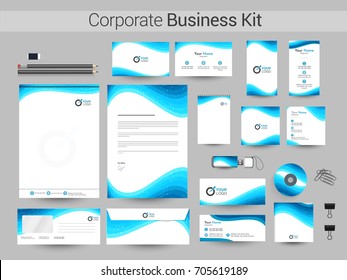 Corporate Identity Kit with blue waves. Business stationery design with Letter Head, Business Card, Web Banner or Header, Notepad, CD and Envelope layout.