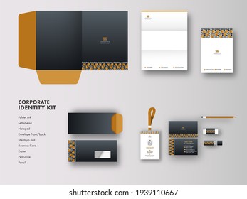Corporate Identity Kit As Folder A4, Letterhead, Identity Card, Envelope, Pen Drive And Other Stationery Items On Grey Background.