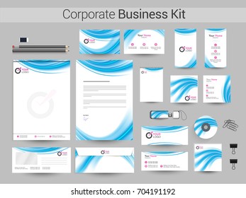 Corporate Identity kit with glossy blue waves. Business stationery templates including Letter Head, Web Banner or Header, Notepad and CD etc.